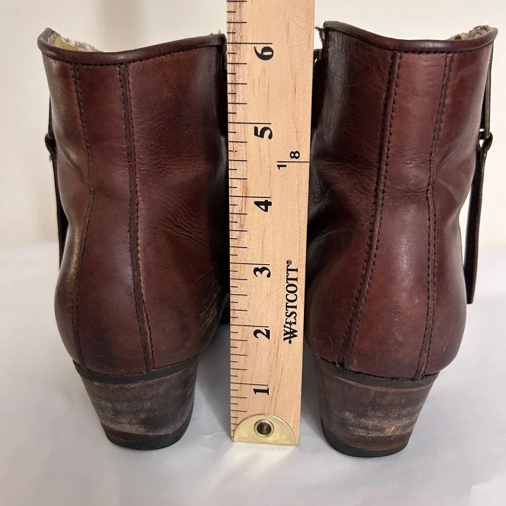 BUSSOLA Brown Leather Ankle Boots Western‎ Style Side Zip Block Heel 38